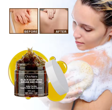 Jabón Negro OCEAURA con Argán y Rosa 200g – Limpieza Profunda y Cuidado Natural de la Piel